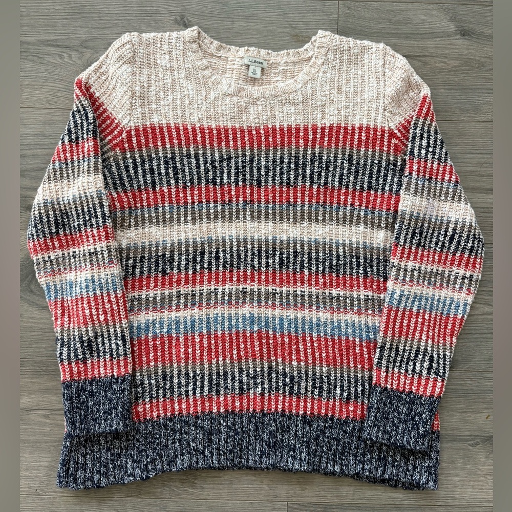 L.L.‎ Bean Cotton Ragg Sweater Marled Crewneck Striped Pullover XL Stretch